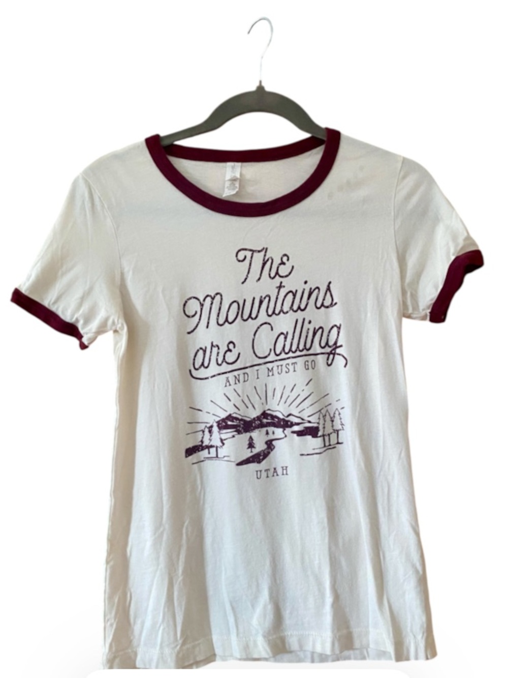 Next Level Utah Mountains Are Calling Graphic Ringer Tee Cream Burgundy M